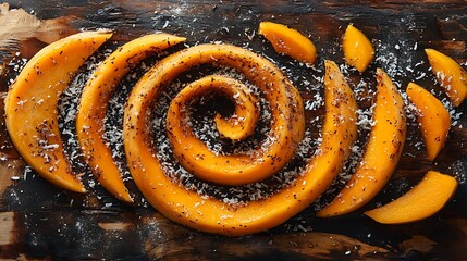 Coconut mango popsicles arranged in a spiral pattern on a rustic wooden board, with coconut flakes and mango slices scattered around, vibrant tropical colors popping under warm lighting, hd quality,