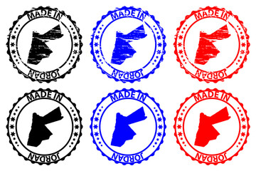 Made in Jordan - rubber stamp - vector, The Hashemite Kingdom of Jordan map pattern - black, blue and red