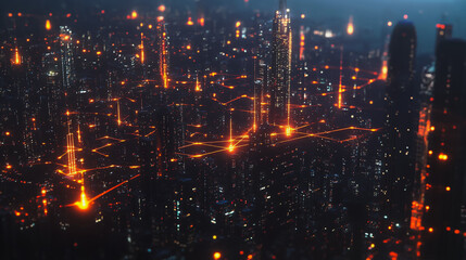 Obraz premium Smart digital Innovation city with connection network reciprocity over the cityscape. of future smart wireless digital city and social media networking systems that connects people with in city