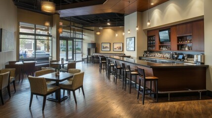 Stylish cafe design featuring a bar island with dark wood and metal finishes, aligned dining tables, and ergonomic designer chairs. A blend of function and flair.