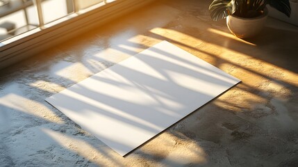 A4 Paper Mockup on Desk captures a serene workspace, showcasing a blank sheet illuminated by soft sunlight streaming through a window, creating gentle shadows.