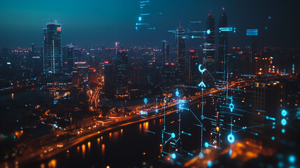 Fototapeta premium Smart digital Innovation city with connection network reciprocity over the cityscape. of future smart wireless digital city and social media networking systems that connects people with in city