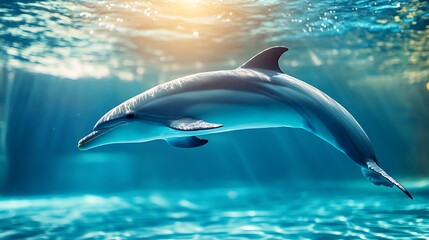 Dolphin swimming underwater, sunbeams. Concept of marine life, ocean wildlife, and aquatic animals.