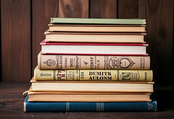 Stack of old hardcover books on wooden background, closeup