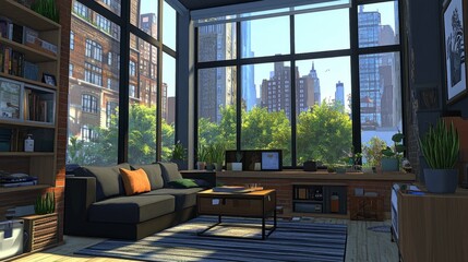 Obraz premium Urban studio apartment with a modern loveseat, cube storage units, and a large window letting in natural light. Compact yet airy space.