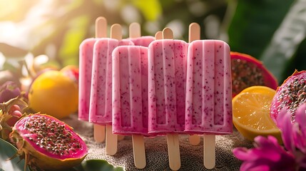 Dragon fruit popsicles displayed on a rustic tablecloth with exotic fruit decorations, sunlight filtering through a leafy backdrop, creating a summery tropical vibe, hd quality,