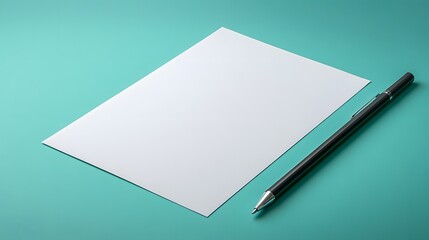 A4 Paper Mockup on Desk features a clean white sheet alongside a sleek pen, set against a vibrant teal backdrop, ideal for showcasing ideas or designs.