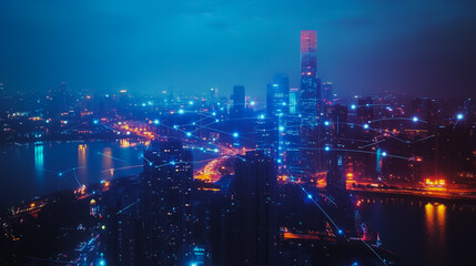 Smart digital Innovation city with connection network reciprocity over the cityscape. of future smart wireless digital city and social media networking systems that connects people with in city