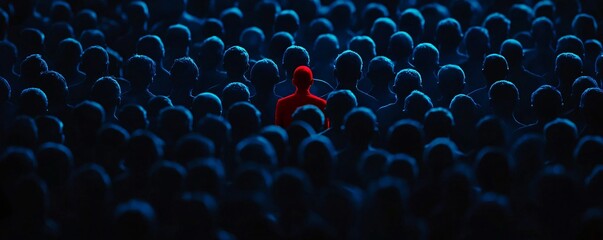 Obraz premium Single Red Figure in a Crowd of Silhouettes Dark Blue Abstract Concept