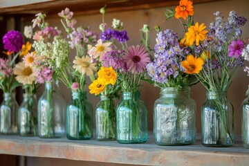 Colorful wildflowers arranged in vintage glass jars