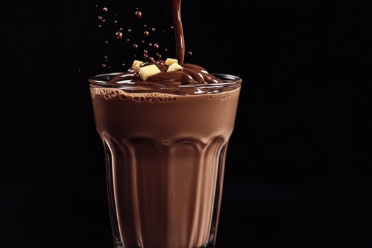 Chocolate milkshake pouring into glass with pieces of chocolate