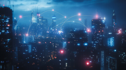 Fototapeta premium Smart digital Innovation city with connection network reciprocity over the cityscape. of future smart wireless digital city and social media networking systems that connects people with in city