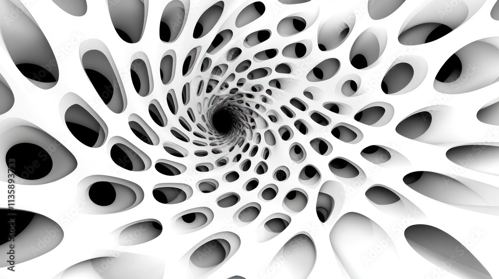 Poster abstract vortex design with a series of white perforated shapes creating a tunnel effect.