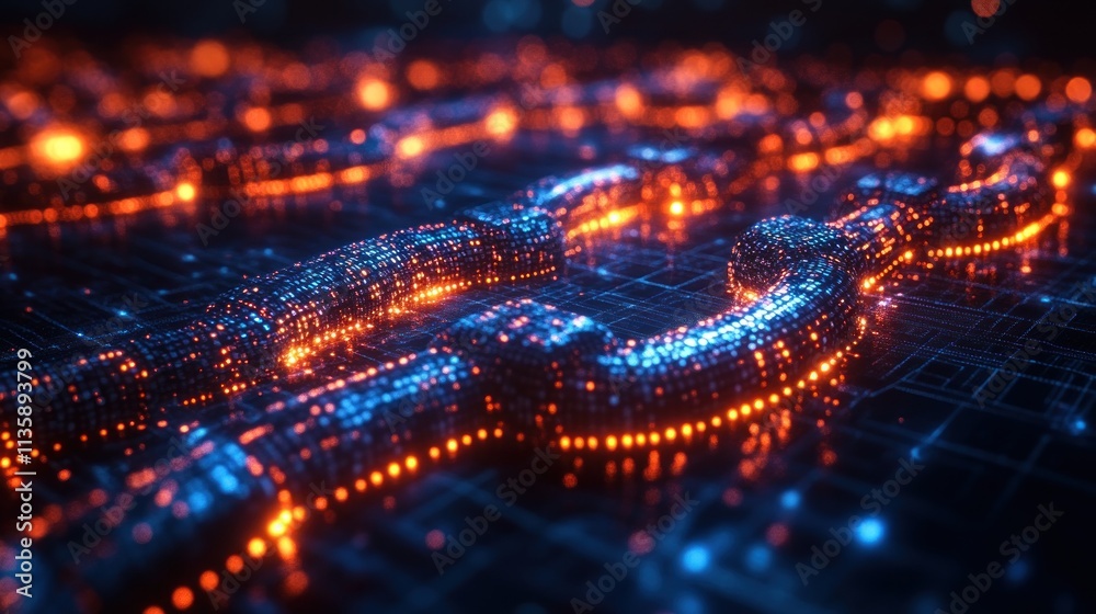 Poster Abstract visualization of interconnected digital chains representing blockchain technology.