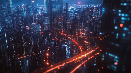 Obraz premium Smart digital Innovation city with connection network reciprocity over the cityscape. of future smart wireless digital city and social media networking systems that connects people with in city