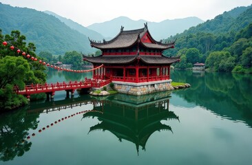 Naklejka premium A picturesque Chinese temple surrounded by a serene lake, with its reflection perfectly mirrored on the water