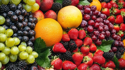 Various fruits such as grapes, apples, strawberries, etc