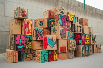 Colorful Graffiti Art Adorns Stacked Cardboard Boxes