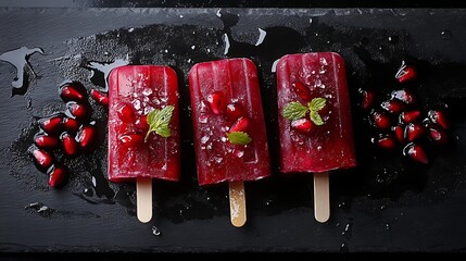 Pomegranate popsicles arranged in a minimalistic style on a black slate plate, with droplets of water and a few scattered seeds, dramatic lighting and high contrast emphasizing the rich red color,