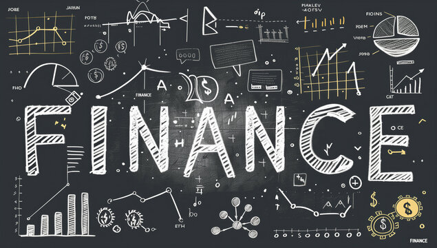 Drawing of a bunch of numbers and graphs with the word finance written in the middle. The drawing conveys the idea of finance and its importance in the world of numbers and graphs