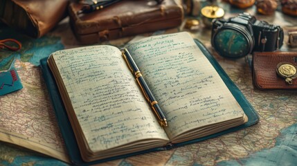 Obraz premium Open notebook with handwritten notes, pen, compass and camera on a map, travel concept.