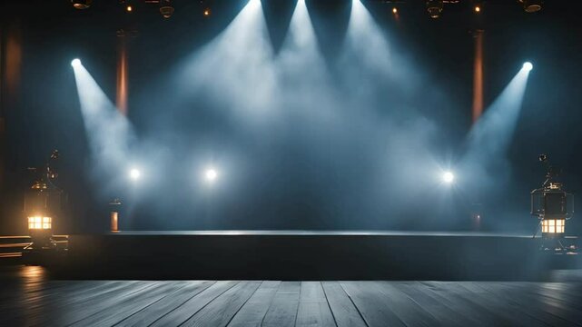 Illuminated stage with scenic concert lights and smoke. Blue vector spotlight with smoke volume light effect on black background