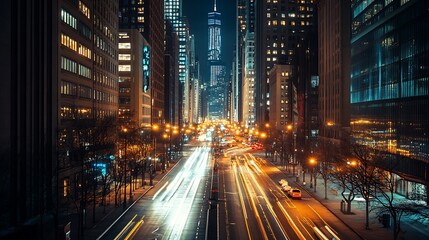 Fototapeta premium New York City Night Skyline with Blurry Traffic. Urban Cityscape at Night.