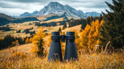 Binoculars Resting in Autumnal Mountain Meadow