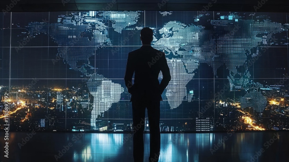 Poster A man stands in front of a large screen that displays a map of the world