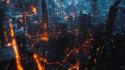 Obraz premium Smart digital Innovation city with connection network reciprocity over the cityscape. of future smart wireless digital city and social media networking systems that connects people with in city