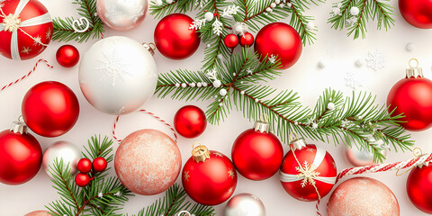 Beautiful Christmas branches border with red and white Christmas decorations. Top view of fir pine branch isolated on white, elegant seasonal decor. 