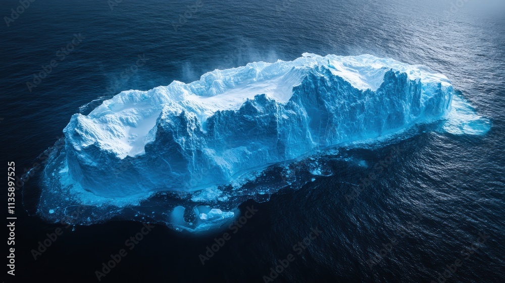 Poster aerial view of a massive iceberg floating in deep blue ocean waters.