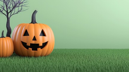 Obraz premium Halloween Jack o lantern Pumpkins in Grass Autumn Scene