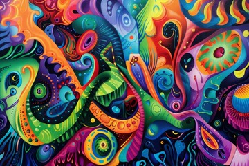 A close-up of a colorful abstract painting featuring swirling patterns and shapes on a dark background, A crowd of colorful shapes and swirling patterns moving to the rhythm of the music