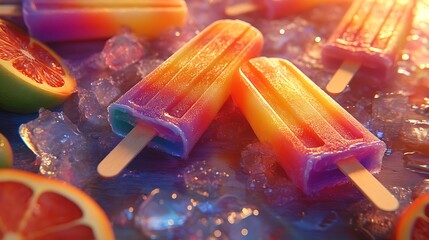 Rainbow popsicles melting slightly on a rustic wooden table, with juice pooling in vibrant swirls, surrounded by crushed ice and colorful fruit slices, warm natural lighting, hd quality,