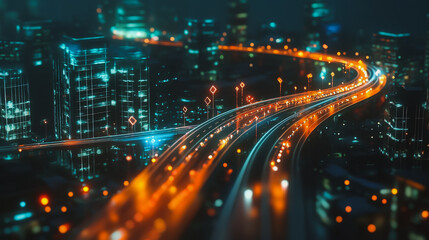 Fototapeta premium Smart digital Innovation city with connection network reciprocity over the cityscape. of future smart wireless digital city and social media networking systems that connects people with in city
