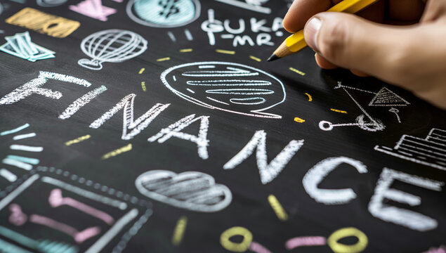 Person is drawing on a chalkboard with the word finance written in the middle. The drawing includes various symbols and shapes