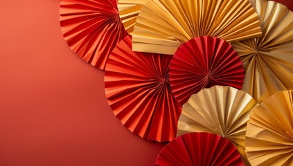 Chinese New Year celebration. Banner design with red paper fans decorations on red background..Chinese New Year celebration. Banner design with red paper fans decorations on red background
