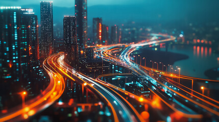 Fototapeta premium Smart digital Innovation city with connection network reciprocity over the cityscape. of future smart wireless digital city and social media networking systems that connects people with in city