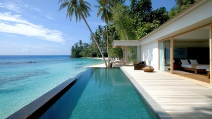 Fototapeta premium Luxury Beachfront Villa with Infinity Pool and Breathtaking Ocean View in Tropical Paradise