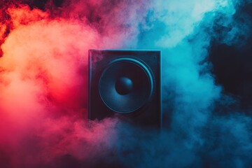 Vibrant Audio Visualizer with Speaker Surrounded by Colorful Smoke and Light Effects in a Dynamic...