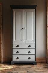 Two-toned tall linen closet with three drawers.