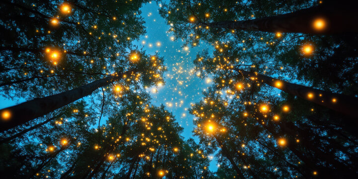 A captivating view of a forest canopy illuminated by glowing orbs, creating a magical, starry atmosphere amid tall trees and a bright blue sky. - Powered by Adobe