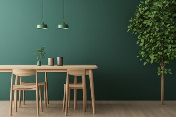 Modern dining area featuring a wooden table and chairs against a deep green wall, with stylish pendant lights and decorative plants for a contemporary aesthetic