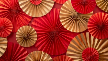 Chinese New Year celebration. Banner design with red paper fans decorations on red background..Chinese New Year celebration. Banner design with red paper fans decorations on red background