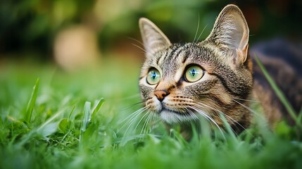 Curious tabby cat in grass.  Outdoor pet, wildlife, nature.