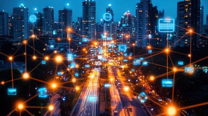 Obraz premium Smart city at night, illuminated cityscape with digital network overlay.