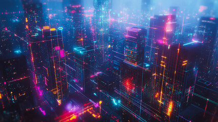 Fototapeta premium Smart digital Innovation city with connection network reciprocity over the cityscape. of future smart wireless digital city and social media networking systems that connects people with in city