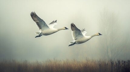 Two Geese in Flight over Misty Field