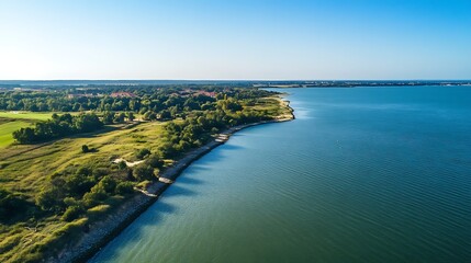 Obraz premium Coastal Landscape, Aerial View. Scenic Lakeside View, Tranquil Nature.